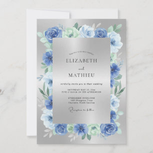 Convite Casamento Floral Botânico Azul Prata