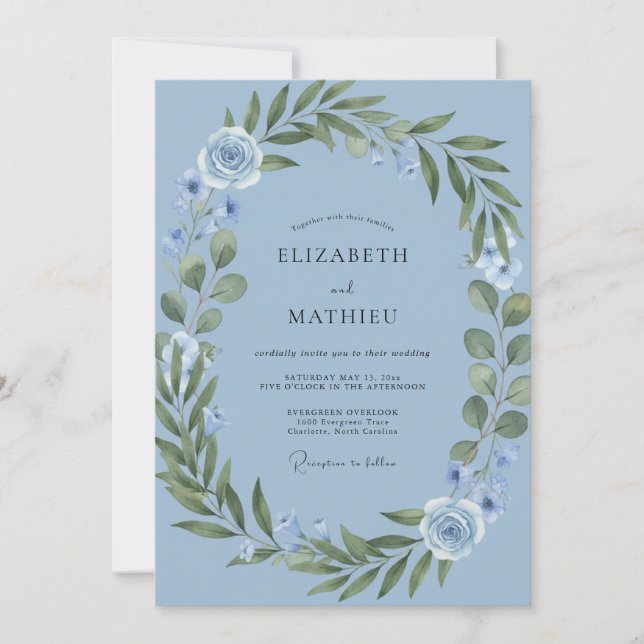 Convite Casamento Floral Botânico Azul Sereno (Frente)