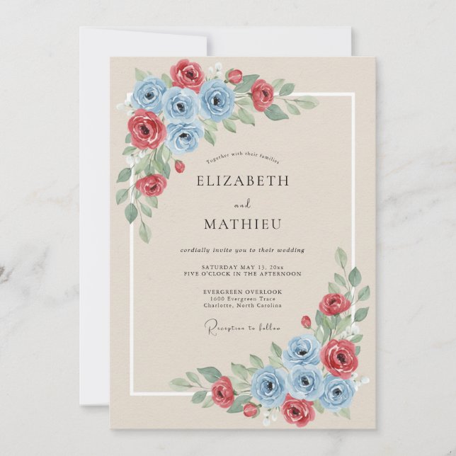 Convite Casamento Floral Botânico Azul Vermelho (Frente)