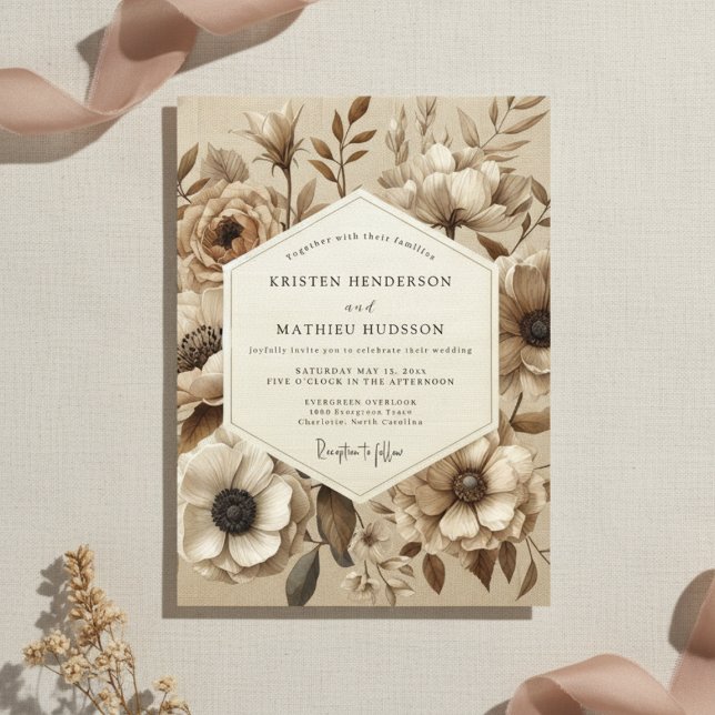 Convite Casamento Floral Botânico Bege (Criador carregado)