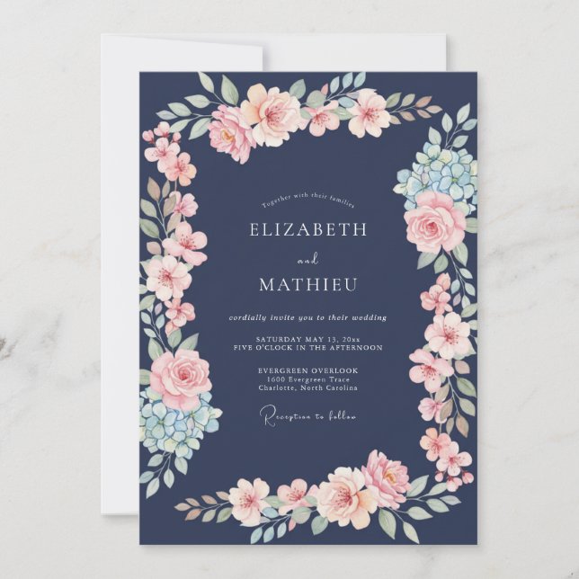 Convite Casamento Floral Botânico Bege Marinho (Frente)
