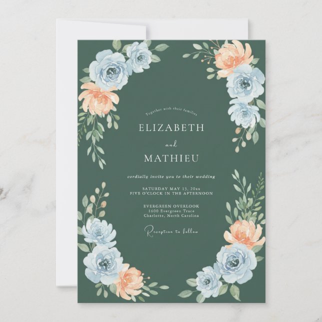 Convite Casamento Floral Botânico Blue Peach (Frente)