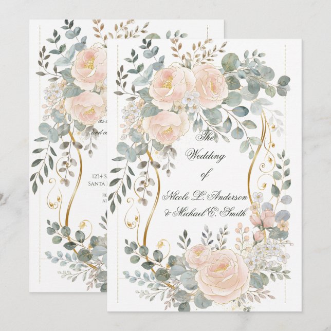 Convite Casamento Floral Botânico Blush Peony & Eucalyptus (Frente/Verso)