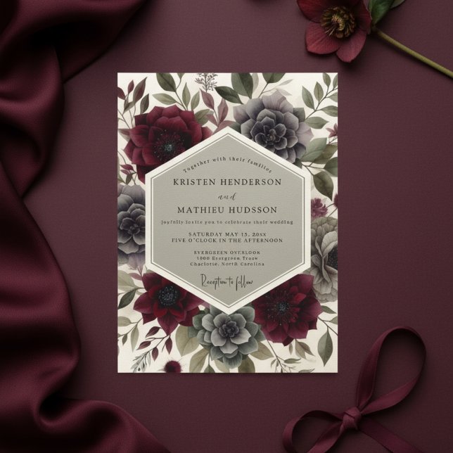 Convite Casamento Floral Botânico Borgonha (Criador carregado)