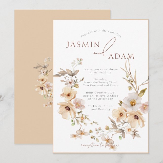 Convite Casamento Floral Botânico Champagne Elegante (Frente/Verso)