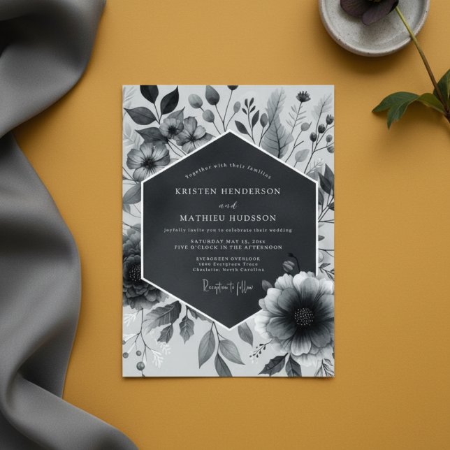 Convite Casamento Floral Botânico Cinza Ardósia (Criador carregado)