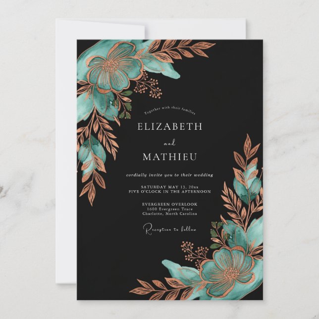 Convite Casamento Floral Botânico Cobre Turquesa (Frente)