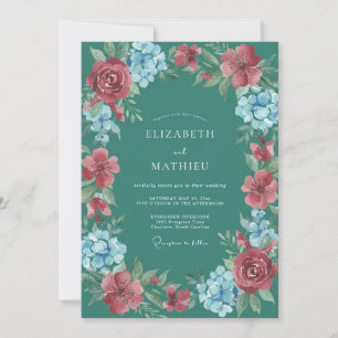 Convite Casamento Floral Botânico com Êxtase em Azul Turqu