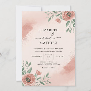 Convite Casamento Floral Botânico Cor-de-Rosa Esbranquiçad