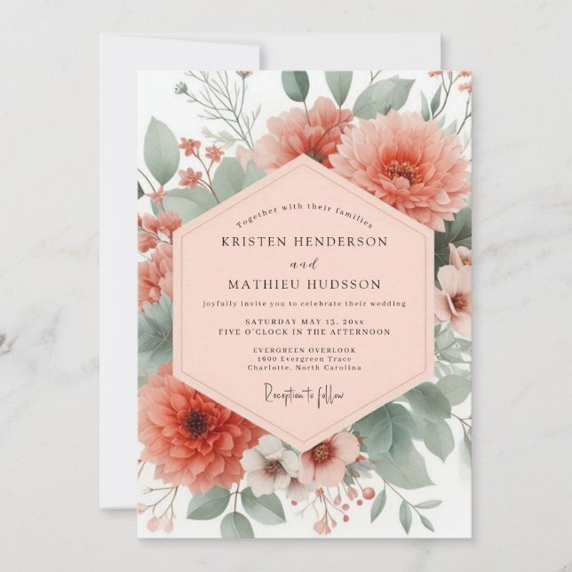 Convite Casamento Floral Botânico Coral (Frente)