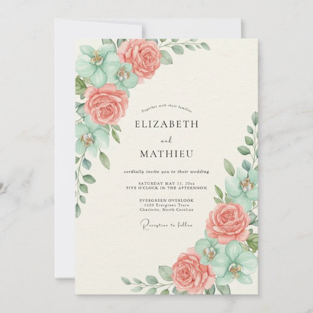 Convite Casamento Floral Botânico Coral Mint (Frente)
