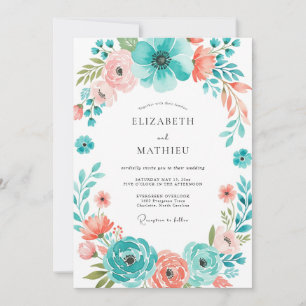Convite Casamento Floral Botânico Coral Teal