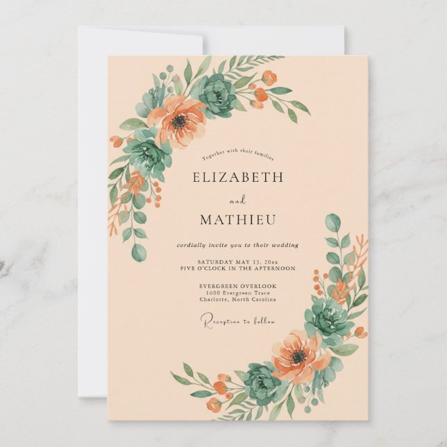 Convite Casamento Floral Botânico Coral Turquesa (Frente)