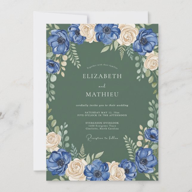 Convite Casamento Floral Botânico Creme Azul (Frente)