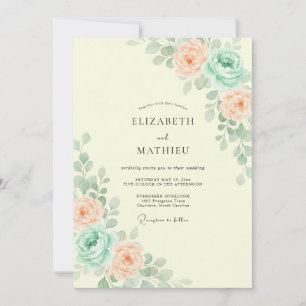 Convite Casamento Floral Botânico de Pêssego e Hortelã
