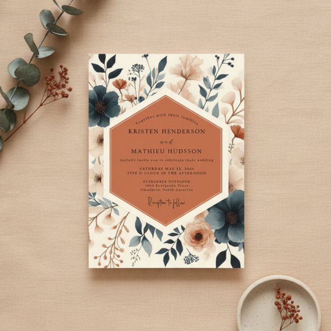 Convite Casamento Floral Botânico de Terracota (Criador carregado)