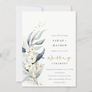 Convite Casamento Floral Botânico Dourado Verde Azul