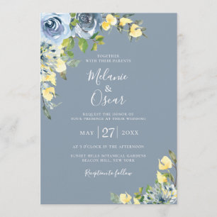 Convite Casamento Floral Botânico Dusty Blue e Amarelo