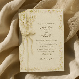 Convite Casamento Floral Botânico e Laço de Marfim Elegant
