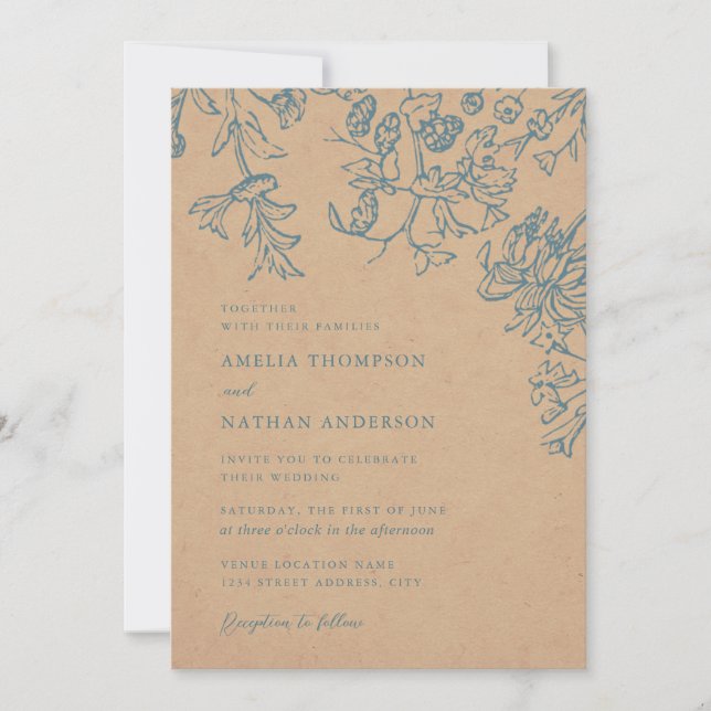 Convite Casamento Floral Botânico Elegante Azul Rústico (Frente)