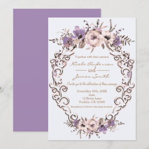 Convite Casamento Floral Botânico Elegante Creme Roxo