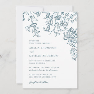 Convite Casamento Floral Botânico Elegante em Azul Turques