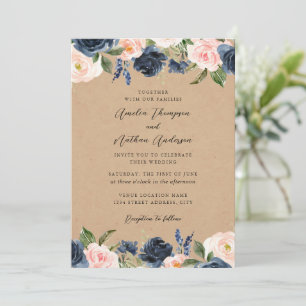 Convite Casamento Floral Botânico Elegante Rosa Azul Rústi