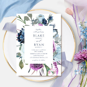 Convite Casamento Floral Botânico Elegante Roxo e Azul