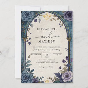 Convite Casamento Floral Botânico Elegante Roxo-Teal
