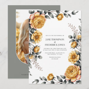 Convite Casamento Floral Botânico em Amarelo Manteiga e Ci