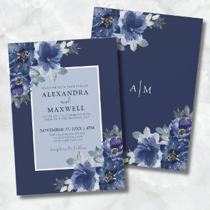 Convite Casamento Floral Botânico em Aquarela Azul Elegant