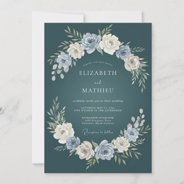 Convite Casamento Floral Botânico em Azul Escuro (Frente)