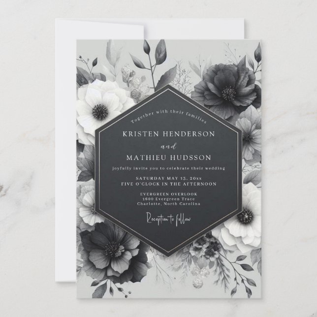 Convite Casamento Floral Botânico em Carvão (Frente)