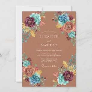 Convite Casamento Floral Botânico em Terracota e Azul-petr