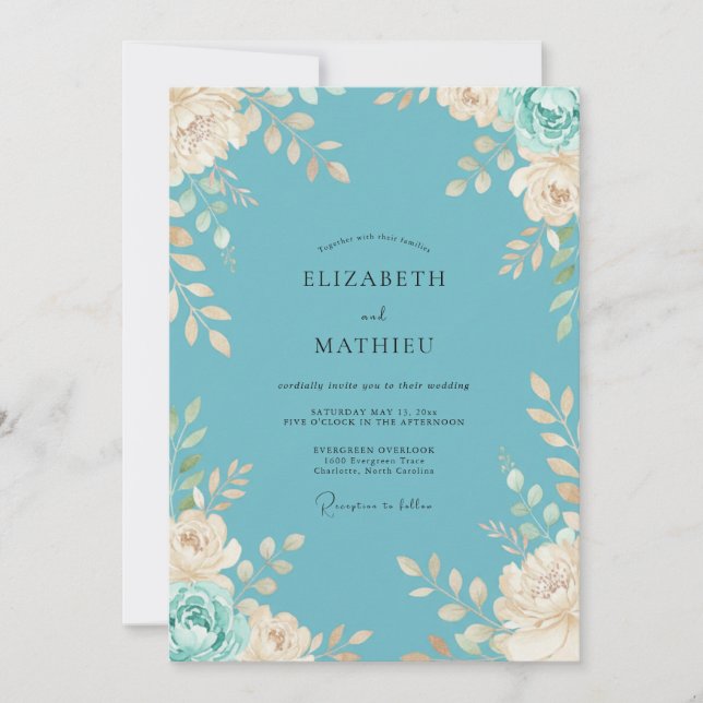 Convite Casamento Floral Botânico em Verde Água (Frente)