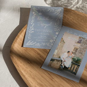 Convite Casamento Floral Botânico Foto Azul Boho Divertido