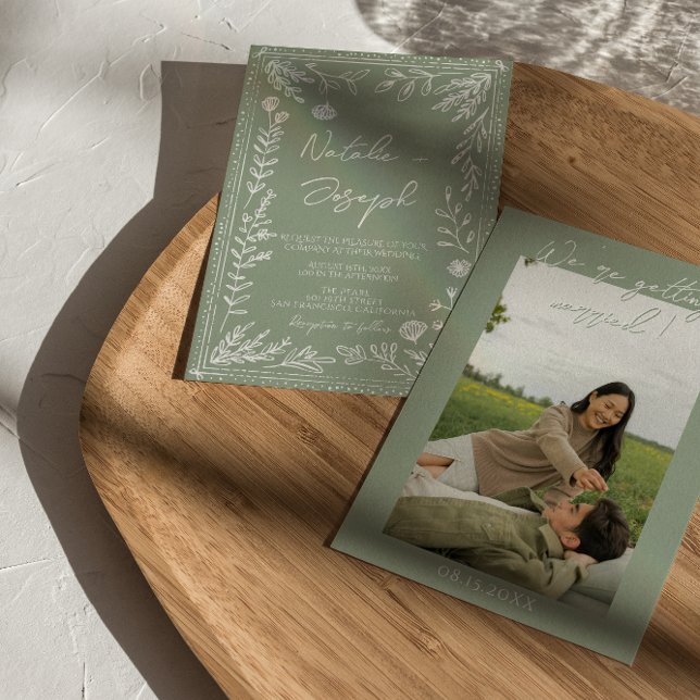 Convite Casamento Floral Botânico Foto Boho Verde Sage (Criador carregado)