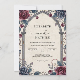 Convite Casamento Floral Botânico Gótico Moody Burgundy
