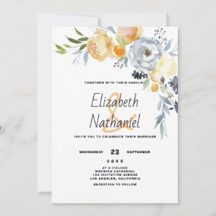 Convite Casamento floral botânico laranja azul branco