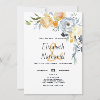 Convite Casamento floral botânico laranja azul branco 
