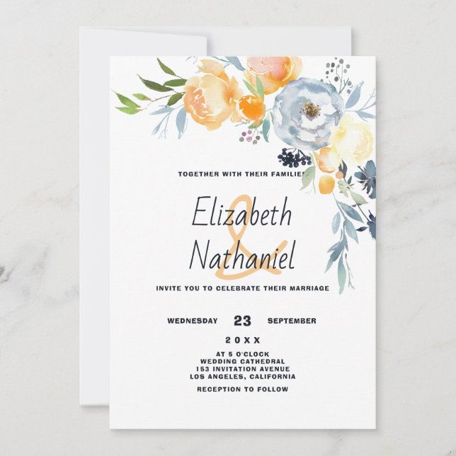 Convite Casamento floral botânico laranja azul branco  (Frente)