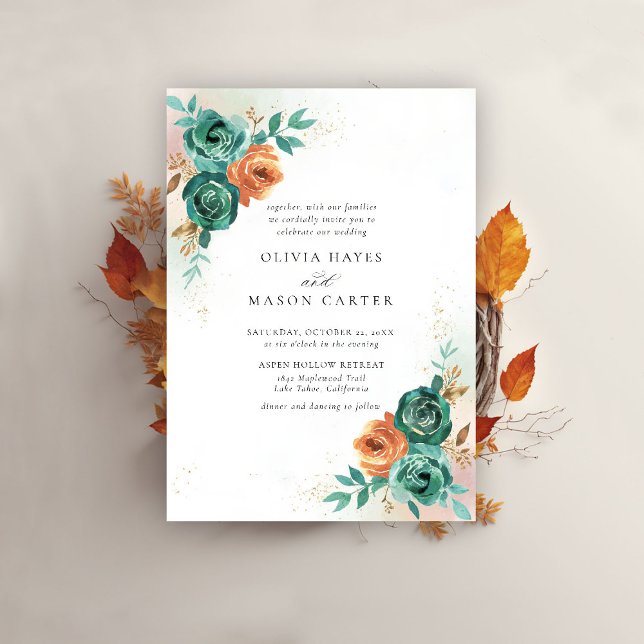 Convite Casamento Floral Botânico Laranja Queimado (fall wedding invitation teal burnt orange terracotta watercolor floral botanical earthy nature)