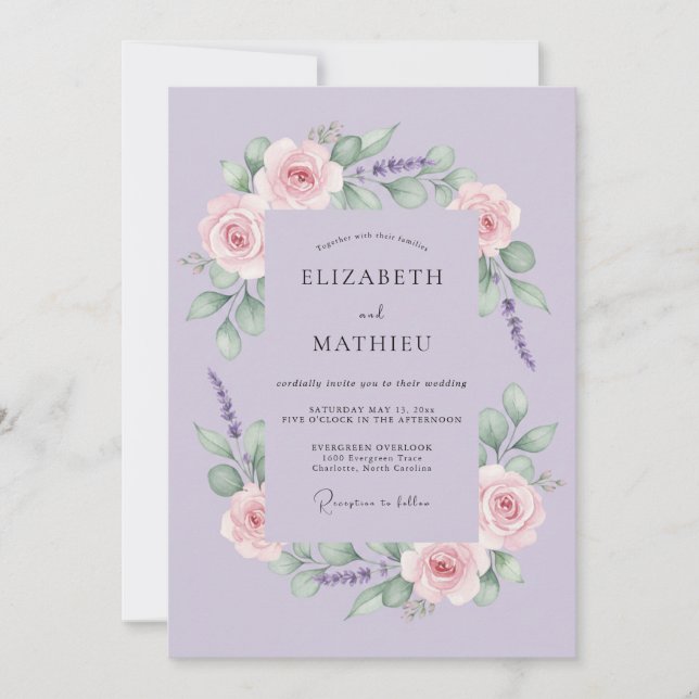 Convite Casamento Floral Botânico Lavanda Rubor (Frente)