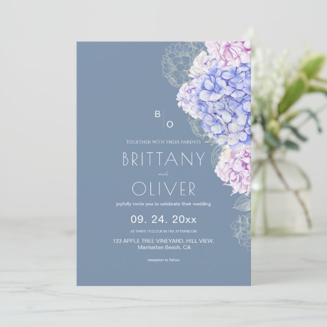 Convite Casamento Floral Botânico Moderno em Azul e Branco (Em pé/Frente)