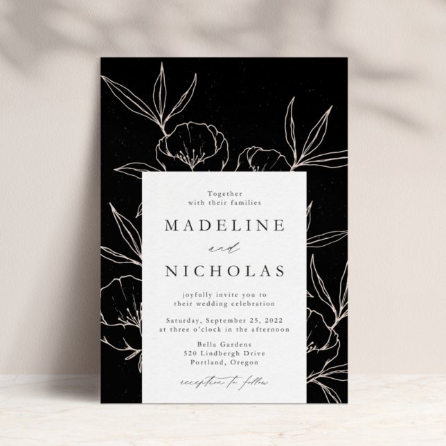 Convite Casamento Floral Botânico Moderno Preto e Creme (Criador carregado)