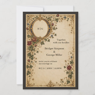 Convite Casamento Floral Botânico Monograma Real Medieval