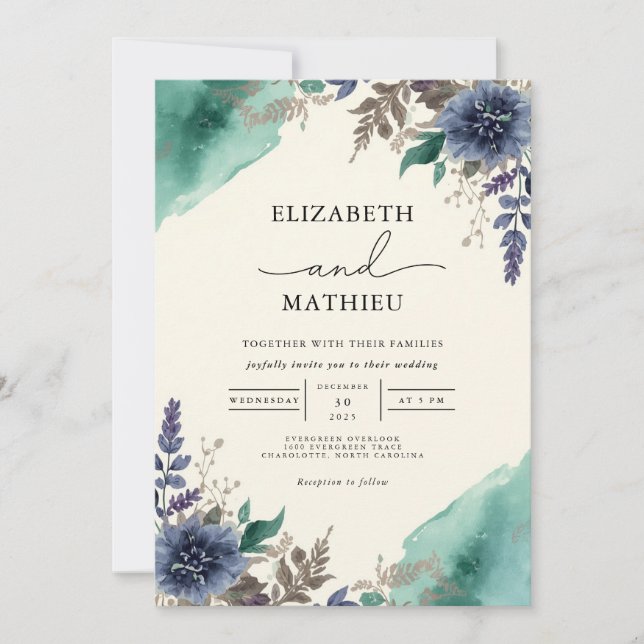 Convite Casamento Floral Botânico Moody Teal (Frente)