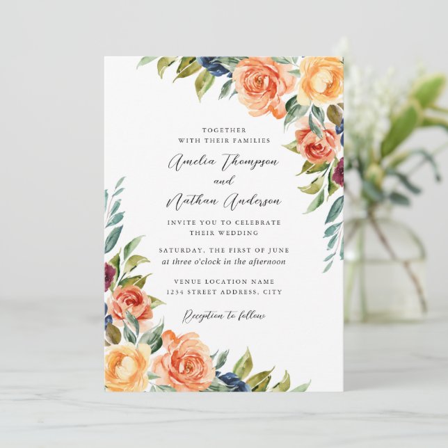 Convite Casamento Floral Botânico Multicolorido (Em pé/Frente)