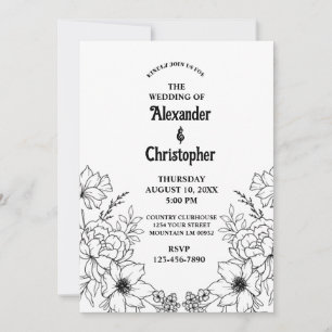 Convite Casamento Floral Botânico Negro Elegante Moderno