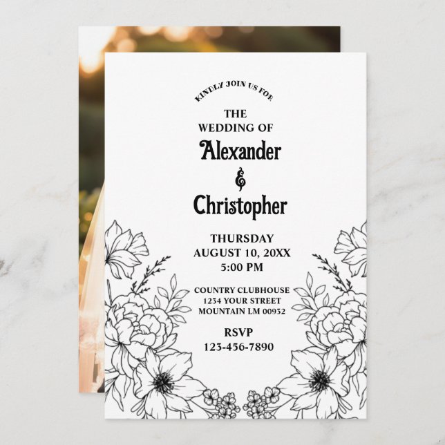 Convite Casamento Floral Botânico Negro Elegante Moderno (Frente/Verso)